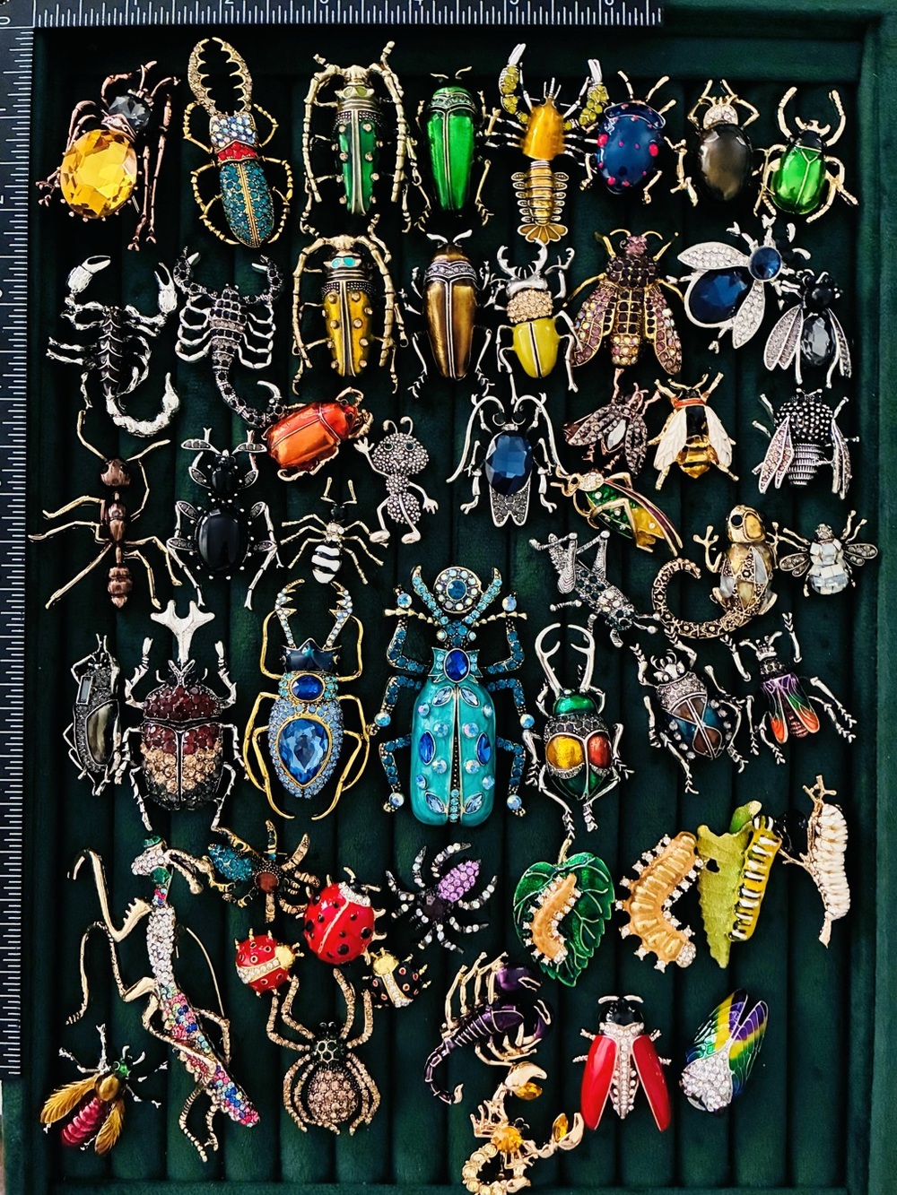 Lot of 52 Insect Brooch Pins Rhinestone Enamel Beetle Mantis Scorpion Collection